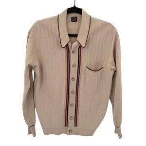 Silverwoods Vintage 70's Italian Wool Blend Chevron Knit Cardigan Beige Striped‎
